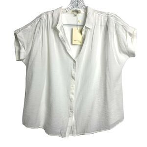 See U Soon Off White Gauze Embroidered Shoulder Loose Button Up Blouse Small New